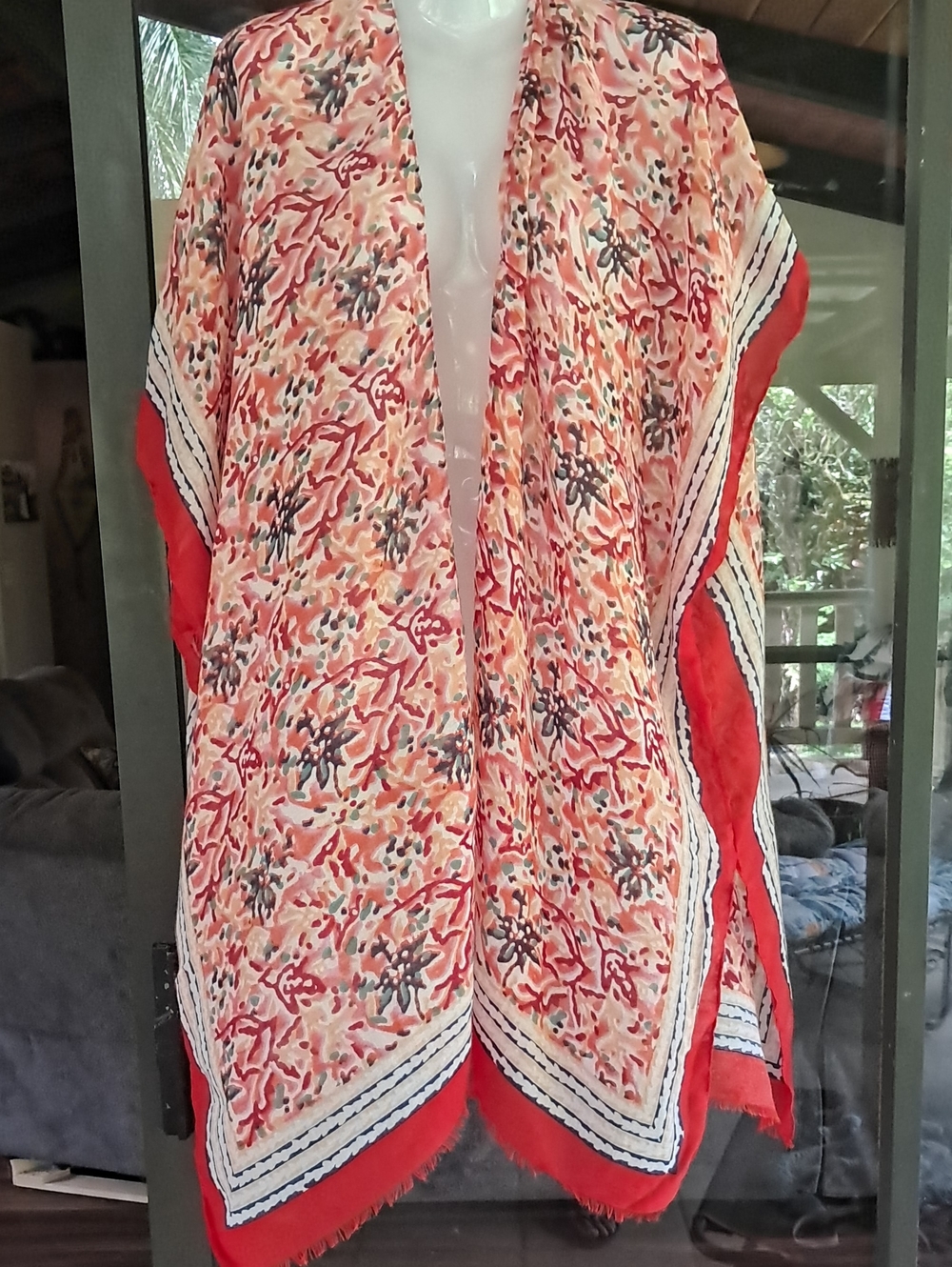 Floral Print Open-Front Kimono with Red Trim